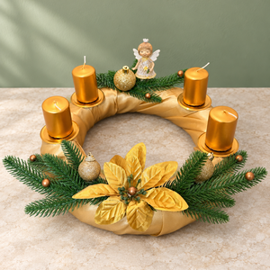 Arany angyal � adventi koszorú négy aranyszínű gyertyával - karácsony - adventi díszek - adventi koszorú - Meska.hu
