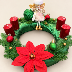 Angyali karácsony � zöld adventi koszorú piros gyertyákkal - karácsony - adventi díszek - adventi koszorú - Meska.hu