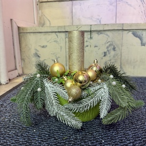 Arany dér � gyertyás asztaldísz zöld tálban - Meska.hu