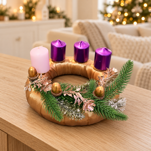 Adventi aranykoszorú � lila és rózsaszín gyertyákkal - karácsony - adventi díszek - adventi koszorú - Meska.hu