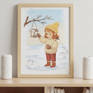 Téli gondoskodás � madáretetős illusztráció / Art Print - Meska.hu