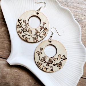 Ginkgo, Ékszer, Fülbevaló, Lógós kerek fülbevaló, Gravírozás, pirográfia, MESKA