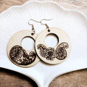 Paisley, Ékszer, Fülbevaló, Lógós kerek fülbevaló, Gravírozás, pirográfia, MESKA