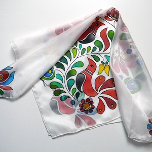 Kézzel festett SELYEMKENDŐ, népi motívum, virág, madár, színes, fekete, fehér_35 -  - Meska.hu