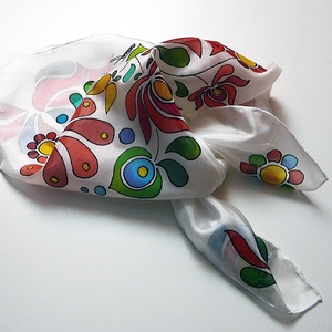 Kézzel festett SELYEMKENDŐ, népi motívum, virág, madár, színes, fekete, fehér_35 -  - Meska.hu