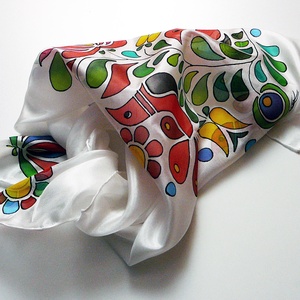 Kézzel festett SELYEMKENDŐ, népi motívum, virág, madár, színes, fekete, fehér_35 -  - Meska.hu