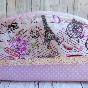 Rózsaszín párizsos neszesszer/tolltartó pamutcsipkével  - táska & tok - neszesszer - Meska.hu