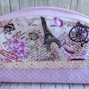Rózsaszín párizsos neszesszer/tolltartó pamutcsipkével  - táska & tok - neszesszer - Meska.hu
