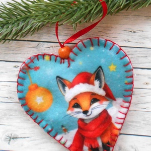 Cuki, mosolygós róka mintás szív alakú karácsonyfadísz VI. - Meska.hu