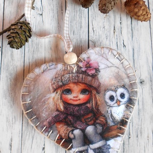 Szőke kislány bagollyal 3. / Vintage stílusú szív alakú karácsonyfadísz , Karácsony, Karácsonyi lakásdekoráció, Karácsonyfadíszek, Varrás, MESKA