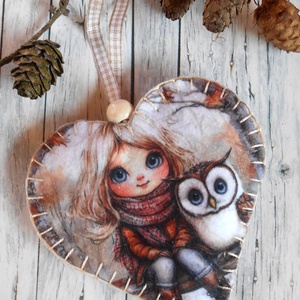 Szőke kislány bagollyal 5. / Vintage stílusú szív alakú karácsonyfadísz , Karácsony, Karácsonyi lakásdekoráció, Karácsonyfadíszek, Varrás, MESKA