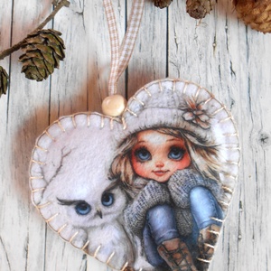 Szőke kislány bagollyal 6./ Vintage stílusú szív alakú karácsonyfadísz , Karácsony, Karácsonyi lakásdekoráció, Karácsonyfadíszek, Varrás, MESKA
