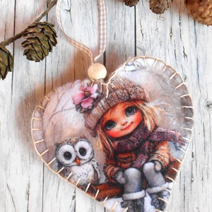 Szőke kislány bagollyal 7./ Vintage stílusú szív alakú karácsonyfadísz , Karácsony, Karácsonyi lakásdekoráció, Karácsonyfadíszek, Varrás, MESKA