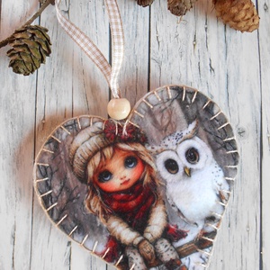 Szőke kislány bagollyal 8./ Vintage stílusú szív alakú karácsonyfadísz , Karácsony, Karácsonyi lakásdekoráció, Karácsonyfadíszek, Varrás, MESKA