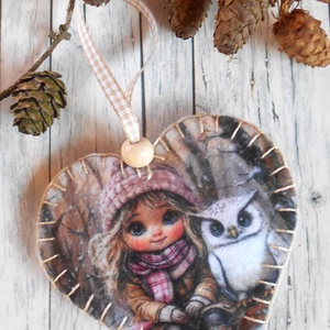 Szőke kislány bagollyal 9./ Vintage stílusú szív alakú karácsonyfadísz , Karácsony, Karácsonyi lakásdekoráció, Karácsonyfadíszek, Varrás, MESKA