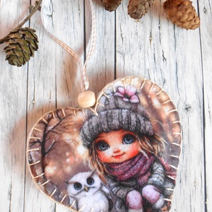Szőke kislány bagollyal 10./ Vintage stílusú szív alakú karácsonyfadísz , Karácsony, Karácsonyi lakásdekoráció, Karácsonyfadíszek, Varrás, MESKA
