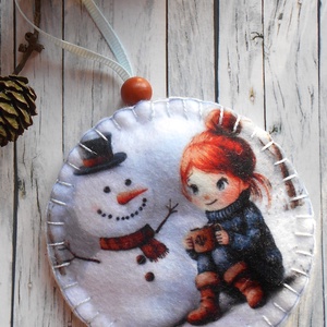 Kislány hóemberrel 7.kör alakú karácsonyfadísz , Karácsony, Karácsonyi lakásdekoráció, Karácsonyfadíszek, Varrás, MESKA