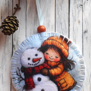 Kislány hóemberrel 8.kör alakú karácsonyfadísz , Karácsony, Karácsonyi lakásdekoráció, Karácsonyfadíszek, Varrás, MESKA