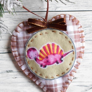 Dínókarácsony 3. kockás szív alakú karácsonyfadísz , Karácsony, Karácsonyi lakásdekoráció, Karácsonyfadíszek, Varrás, MESKA