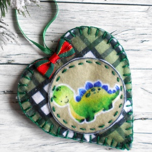 Dínókarácsony 8. kockás szív alakú karácsonyfadísz , Karácsony, Karácsonyi lakásdekoráció, Karácsonyfadíszek, Varrás, MESKA