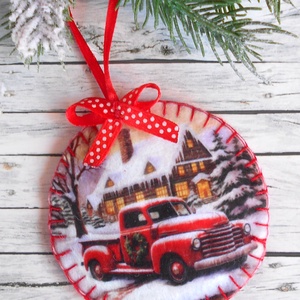Teherautós kör alakú karácsonyfadísz 1., Karácsony, Karácsonyi lakásdekoráció, Karácsonyfadíszek, Varrás, MESKA