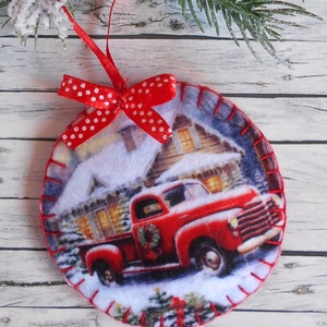 Teherautós kör alakú karácsonyfadísz 3., Karácsony, Karácsonyi lakásdekoráció, Karácsonyfadíszek, Varrás, MESKA