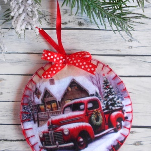 Teherautós kör alakú karácsonyfadísz 4., Karácsony, Karácsonyi lakásdekoráció, Karácsonyfadíszek, Varrás, MESKA