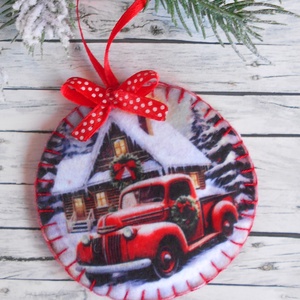 Teherautós kör alakú karácsonyfadísz 5., Karácsony, Karácsonyi lakásdekoráció, Karácsonyfadíszek, Varrás, MESKA