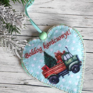 Retró stílusú szív alakú karácsonyfadísz mentazöld teherautós 1., Karácsony, Karácsonyi lakásdekoráció, Karácsonyfadíszek, Varrás, MESKA