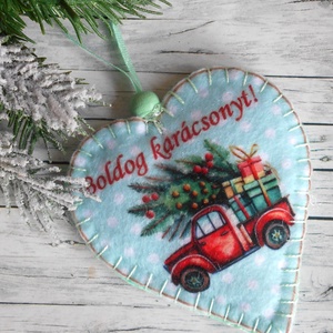 Retró stílusú szív alakú karácsonyfadísz mentazöld teherautós 2., Karácsony, Karácsonyi lakásdekoráció, Karácsonyfadíszek, Varrás, MESKA