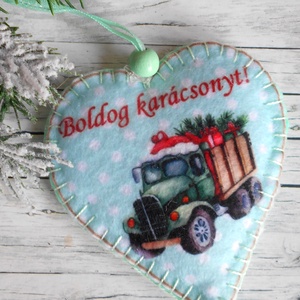 Retró stílusú szív alakú karácsonyfadísz mentazöld teherautós 3. - Meska.hu