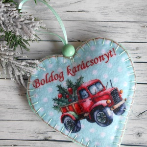 Retró stílusú szív alakú karácsonyfadísz mentazöld teherautós 4., Karácsony, Karácsonyi lakásdekoráció, Karácsonyfadíszek, Varrás, MESKA