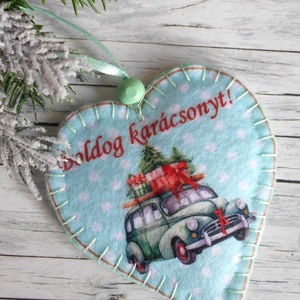 Retró stílusú szív alakú karácsonyfadísz mentazöld autós 5., Karácsony, Karácsonyi lakásdekoráció, Karácsonyfadíszek, Varrás, MESKA