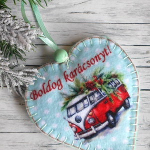 Retró stílusú szív alakú karácsonyfadísz mentazöld kisbuszos 5. - Meska.hu