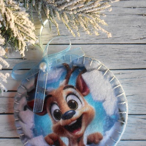 3D hatású 8 cm átmérőjű, kör alakú karácsonyfa dísz (vidám rénszarvasos), Karácsony, Karácsonyi lakásdekoráció, Karácsonyfadíszek, Varrás, MESKA