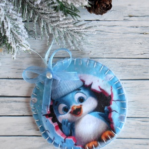 3D hatású  8 cm átmérőjű, kör alakú karácsonyfa dísz (cuki kék madárkás), Karácsony, Karácsonyi lakásdekoráció, Karácsonyfadíszek, Varrás, MESKA