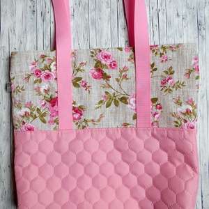 Nagyméretű rózsaszín steppelt-rózsamintás válltáska, Táska & Tok, Kézitáska & válltáska, Nagy pakolós táska, Varrás, MESKA