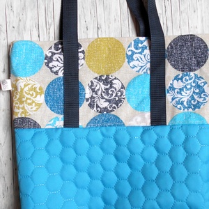 Nagyméretű türkizkék steppelt-türkizkék, okker, sötétkék nagy pöttyös válltáska - Meska.hu