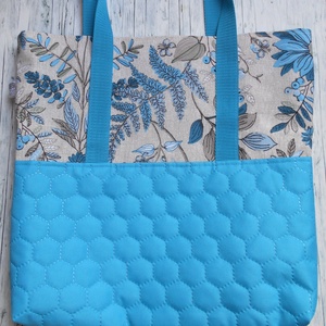 Nagyméretű türkizkék, natúr alapon türkizkék levél-virág mintás válltáska, Táska & Tok, Kézitáska & válltáska, Nagy pakolós táska, Varrás, MESKA
