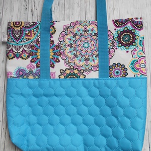 Nagyméretű türkizkék, natúr alapon türkizkék-pink-lila-fekete mandala mintás válltáska - Meska.hu