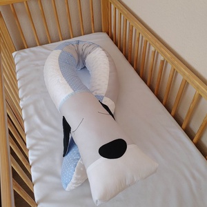 ,,ZOLICA Állatfejes hengerpárna/rácsvédő KUTYUS - szürke, fehér, kék - baba - mama - baba ágynemű - rácsvédő & baldachin - Meska.hu