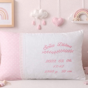 ,,ZOLICA Hímzett születési párna - Pöttyös, Baba - mama, Gyerek díszpárna, Babaszoba dekoráció, Varrás, MESKA