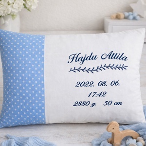 ,,ZOLICA Hímzett születési párna - Kék pöttyös, Baba - mama, Babaszoba dekoráció, Gyerek díszpárna, Varrás, MESKA
