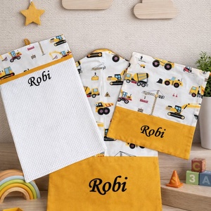 Ovis szett 3 részes - sárga munkagépek, okker, Játék & Sport, Ovis felszerelés, Ovis szett, Varrás, MESKA