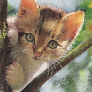 Olajfestmény - cica a fán - művészet - festmény - olajfestmény - Meska.hu