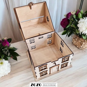 Esküvői pénzgyűjtő ház boríték nászajándék gyűjtő házikó doboz dekoráció egyedi névvel felirattal gravírozott táblával - esküvő - emlék & ajándék - nászajándék - nászajándék gyűjtők - Meska.hu