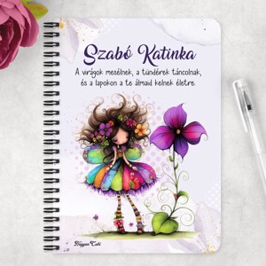 Személyre szabható - Bájos ibolya virágos tündér mintás A6-os füzet - otthon & életmód - papír, írószer - jegyzetfüzet & napló - Meska.hu