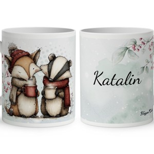 Névvel kérhető - Cuki téli róka és a borz kávéval mintás bögre, Otthon & Életmód, Konyhafelszerelés, tálalás, Tálalás, Bögre & Csésze, , MESKA