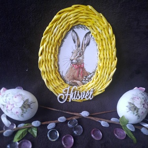 Húsvéti kopogtató fonott kerettel, Otthon & Lakás, Dekoráció, Ajtó- és ablak dekoráció, Ajtódísz & Kopogtató, Fonás (csuhé, gyékény, stb.), Decoupage, transzfer és szalvétatechnika, Meska