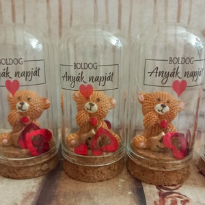 Macis Anyák napi mini búra, Otthon & Életmód, Dekoráció, Asztal és polc dekoráció, Asztaldísz, Virágkötés, 3,5x7cm.Édes mini szóveges,macis üvegbúra., MESKA